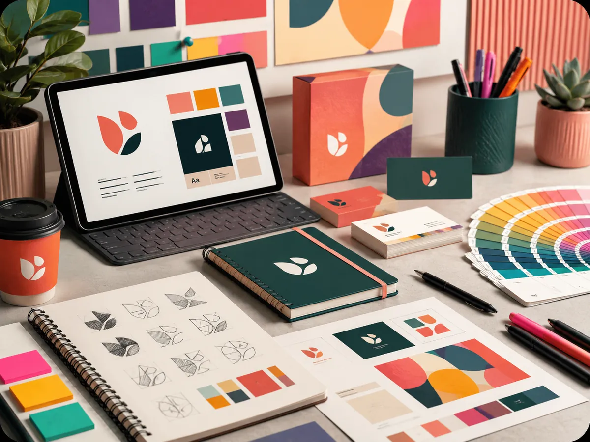 Brand identity concepts, colour and typography in a design workspace