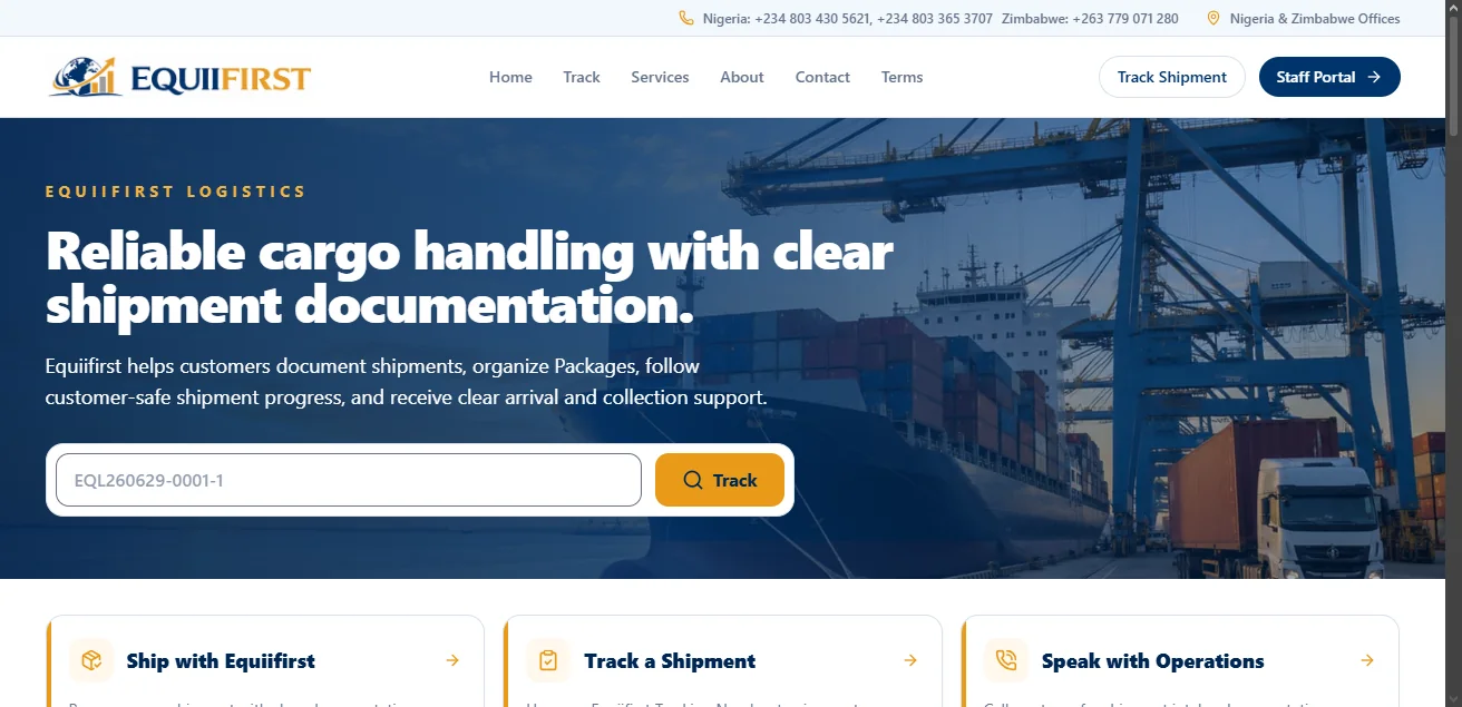 Equiifirst Logistics customer-facing shipment website